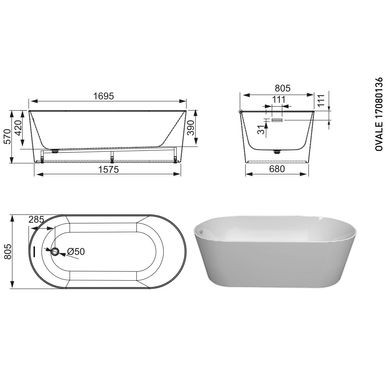 Devit | 17080136 OVALE Ванна окремостояча 1695*805*570